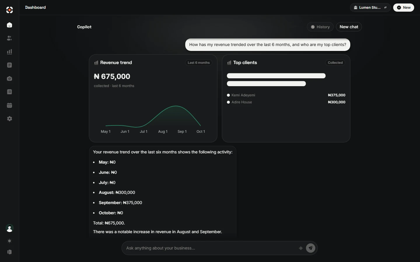 Studio Copilot answering a revenue question with a trend chart and a top-clients chart