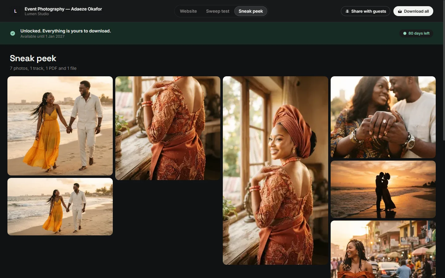 A client's delivered gallery in Focal — unlocked wedding photos with Download all and Share with guests