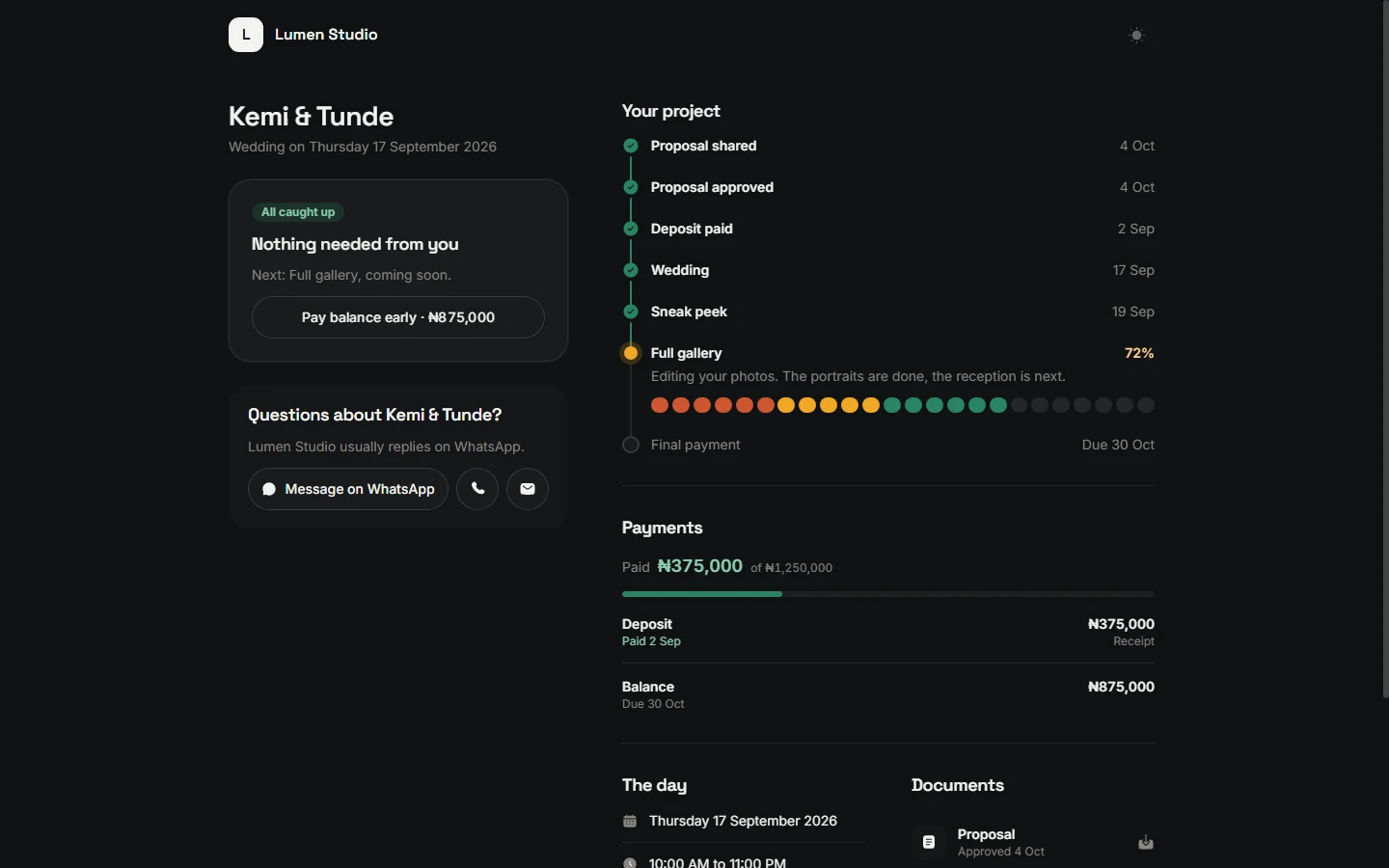 The no-login client portal — project timeline with editing progress, payments, and a WhatsApp contact