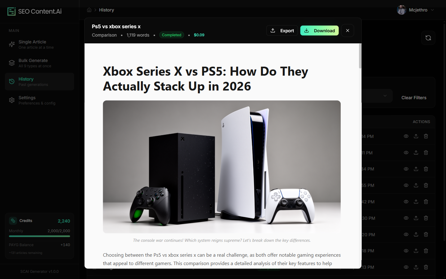 A generated article with an AI-produced hero image, word count, cost, and one-click CMS export